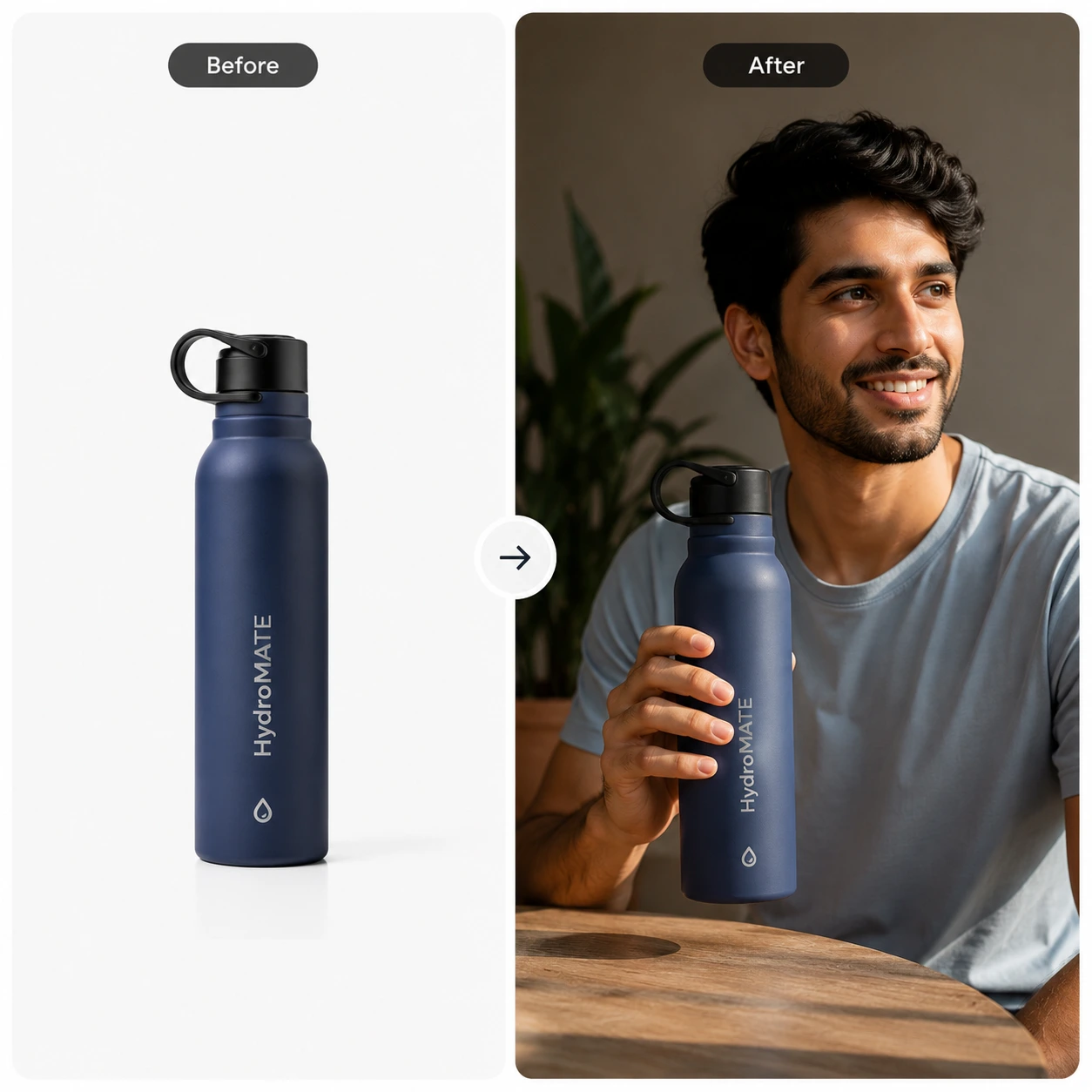 Before and after comparison of AfterTaken AI Virtual Try-On tool generating male lifestyle model shot from flat-lay water bottle